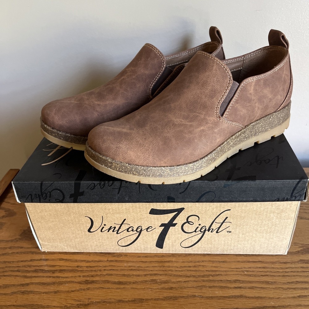Vintage 7 Eight Shoes Brown Slip-on Loafers Lilly Luggage Cork Foot Bed Women 9